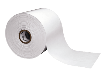 Image of a roll of linerless label material, featuring a smooth, continuous white surface without a backing liner. The roll is designed for efficient labeling applications, reducing waste and improving productivity in industries requiring high-performance label solutions.
