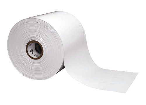 Image of a roll of linerless label material, featuring a smooth, continuous white surface without a backing liner. The roll is designed for efficient labeling applications, reducing waste and improving productivity in industries requiring high-performance label solutions.