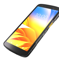 Angled view of the Zebra TC22 Wi-Fi Android Mobile Computer, featuring a rugged black frame with ergonomic side buttons and a bright 6-inch touchscreen display. The screen displays the time and date, highlighting the device's modern design and suitability for efficient business workflows.