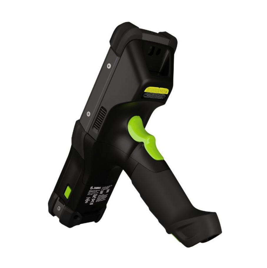 Zebra MC9400 ultra-rugged handheld computer, showcasing its durable design with a black and green ergonomic grip, ideal for industrial environments and demanding applications.
