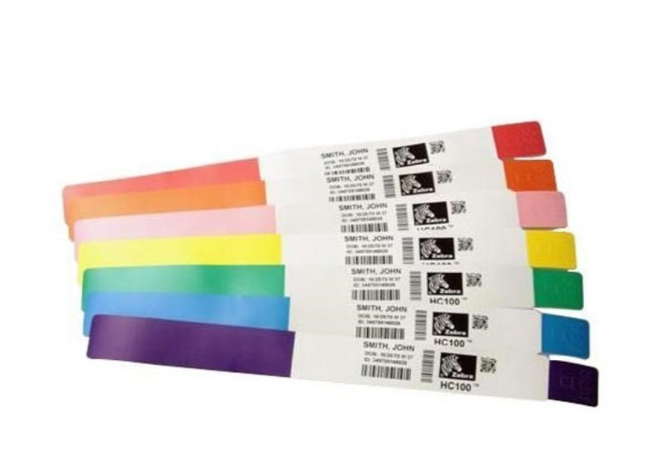 Zebra Z-Band Fusion adult wristbands in a variety of vibrant colours, featuring printable patient information, barcodes, and secure closures, designed for durable and reliable identification in healthcare environments.