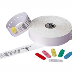 Zebra Z-Band QuickClip white pediatric wristbands on a roll, featuring perforated wristbands with printable patient details and coloured clip fasteners for secure and efficient patient identification.