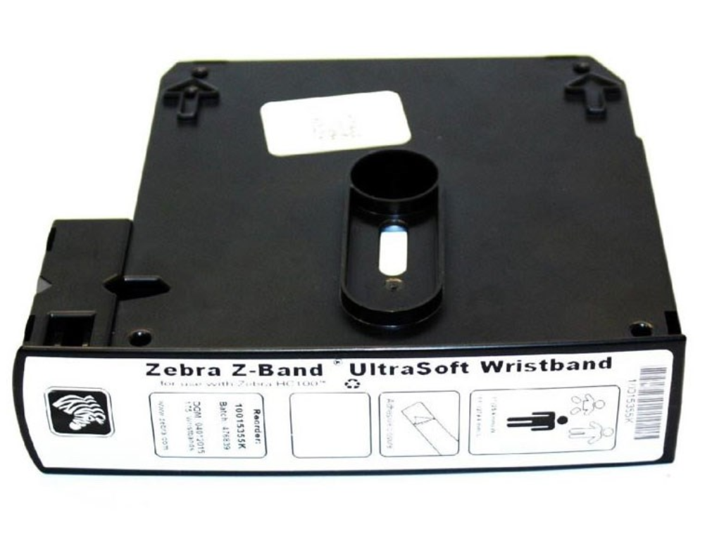 Close-up of a Zebra Z-Band UltraSoft wristband cartridge, designed for use with Zebra HC100 printers, featuring antimicrobial-coated wristbands for patient identification in healthcare environments.