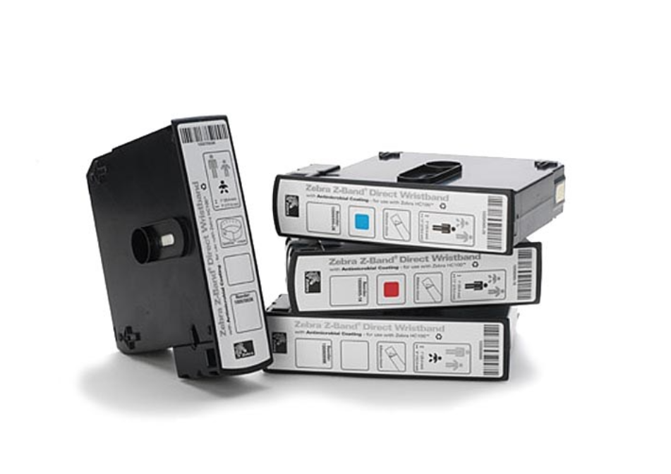 Zebra Z-Band UltraSoft wristbands cartridges, designed for use with Zebra HC100 printers, featuring durable, antimicrobial-coated wristbands for secure patient identification in healthcare settings.