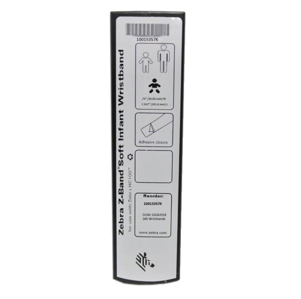 Zebra Z-Band Soft Infant Wristbands cartridge, featuring white wristbands with adhesive closure, designed for comfortable and secure identification in pediatric and infant care settings.
