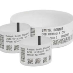 Zebra Z-Band UltraSoft baby wristbands, featuring patient identification details, barcodes, and QR codes, designed for gentle and secure use in neonatal and pediatric care.