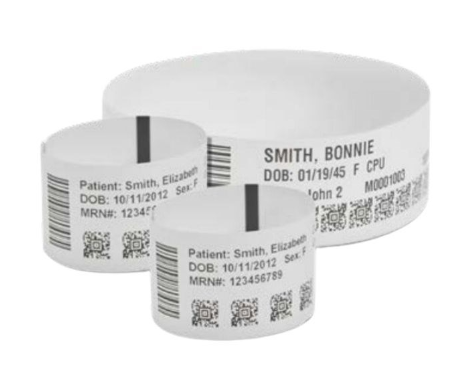 Zebra Z-Band UltraSoft baby wristbands, featuring patient identification details, barcodes, and QR codes, designed for gentle and secure use in neonatal and pediatric care.
