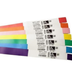 Zebra Z-Band Fusion pediatric wristbands in assorted colours, featuring patient identification details, barcodes, and QR codes, designed for secure and durable use in healthcare settings.