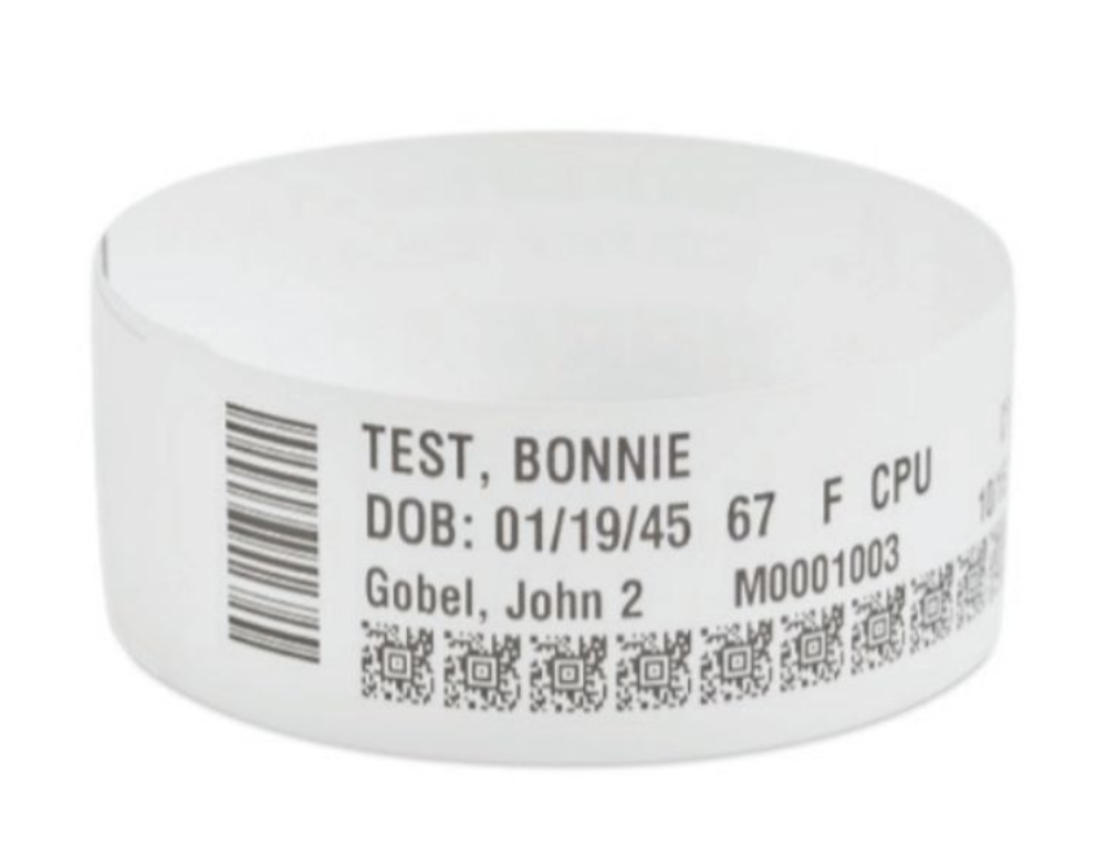 Zebra Z-Band Direct Lite wristband featuring printed patient information, barcode, and QR codes, designed for reliable identification in healthcare environments.
